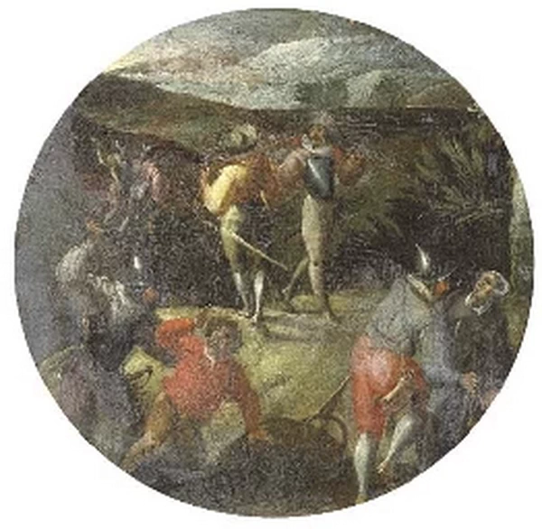 Soldati che attaccano i contadini in un paesaggio